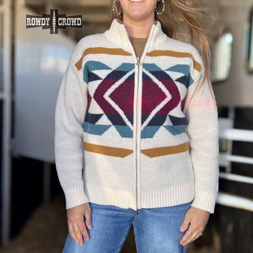 Gunsmoke Western Aztec Zip Up Cream Sweater Jacket